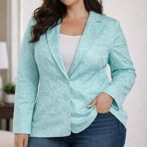 Cleo size 14 Women's Light Blue Blazer with white doily inspired pattern, 80’s